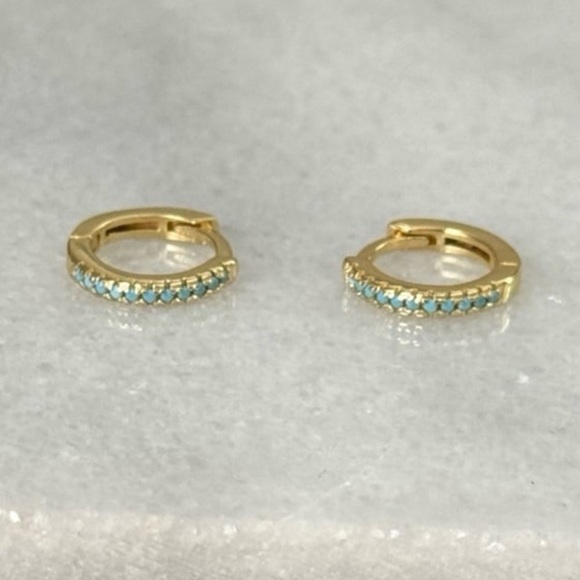 Gold Turquoise Crystal Pave Huggie Hoop Earrings Brand New